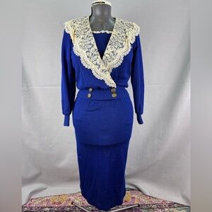 Vintage 80s Nilani Knit Blue Royal Lace Trim Sweater Skirt Set Size S Union Tags
